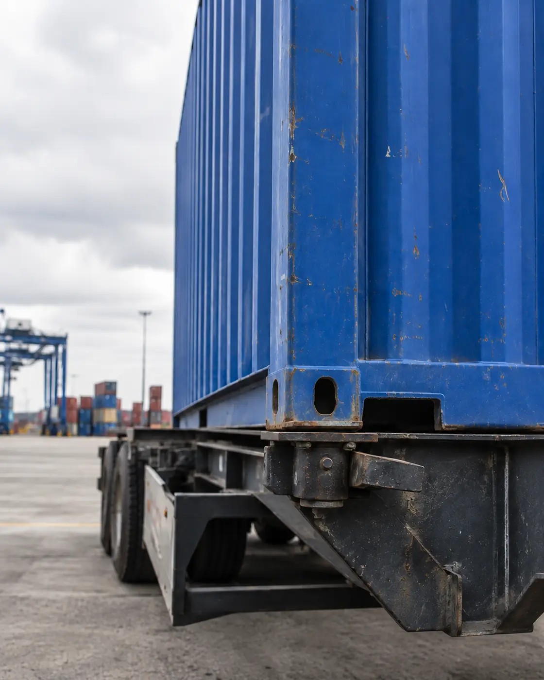 Blue shipping container on a chassis at a port terminal, commercial goods arriving for Canadian duty and GST assessment