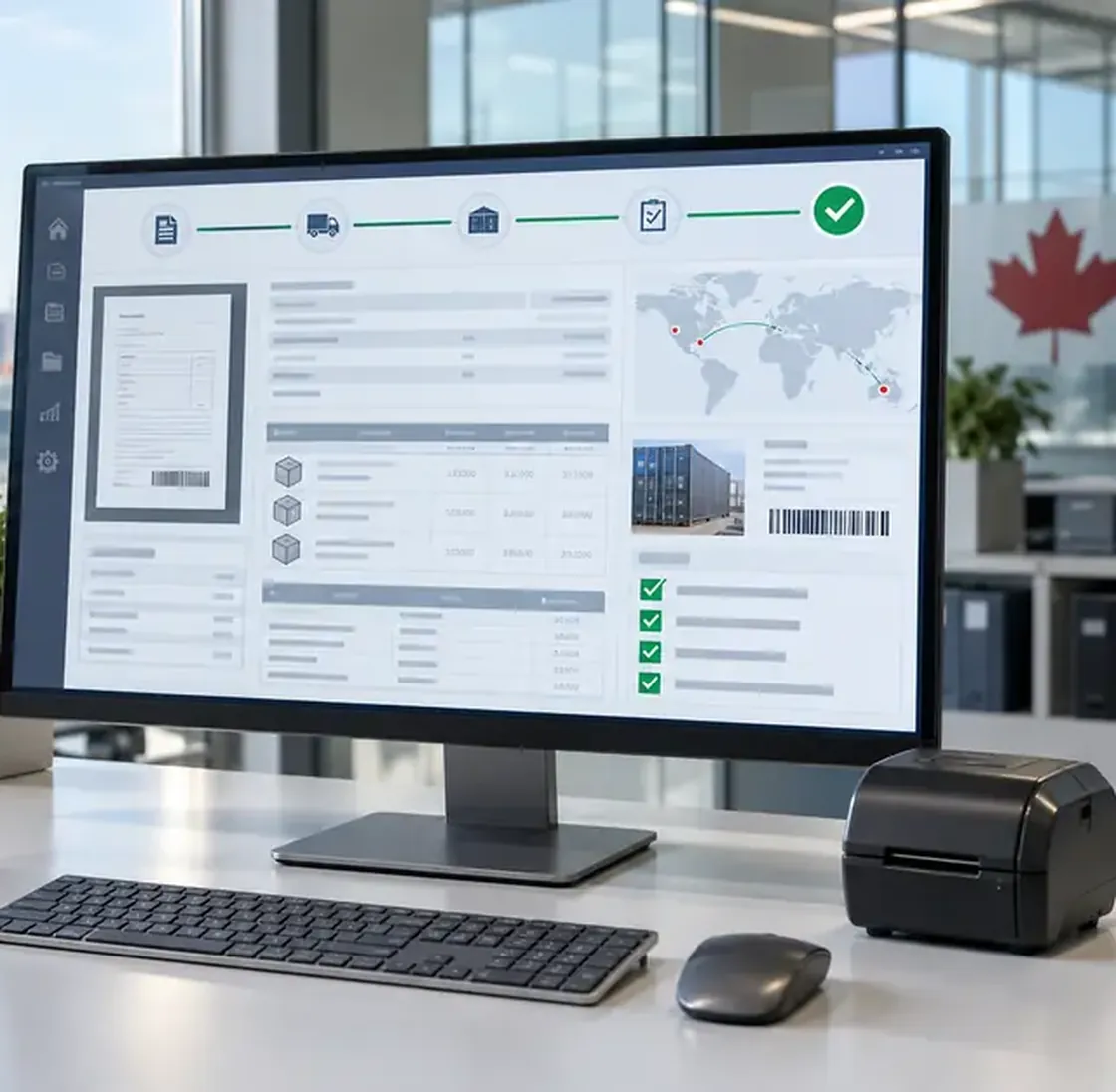 Customs declaration workflow on an office monitor beside a label printer, the documents-to-release process a customs broker manages