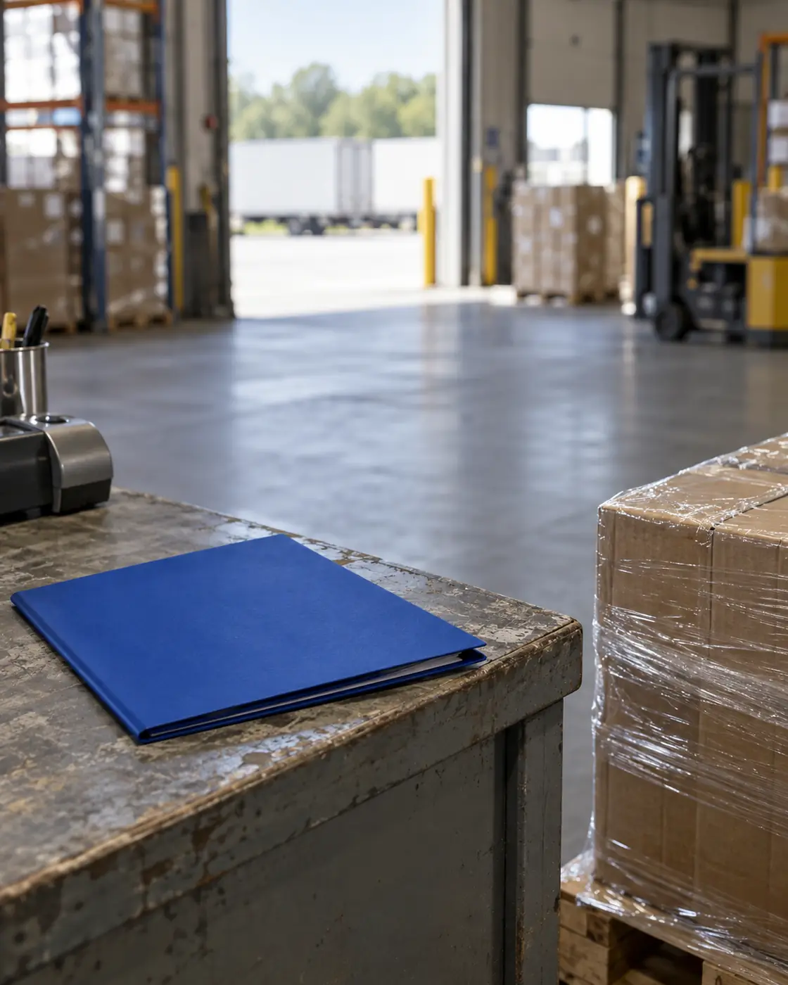 Blue folder of business records on a warehouse desk, the account details an importer gathers before registering in the CARM Client Portal