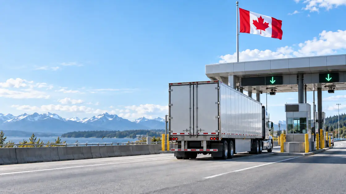 Transport truck pulling up to a Canadian border inspection booth for CBSA customs clearance