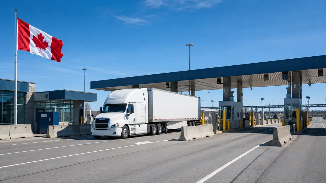 Transport truck at a Canadian border crossing booth for CBSA customs clearance